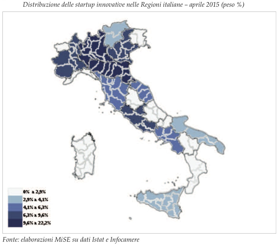 Distribuzione delle startup innovative nelle Regioni italiane