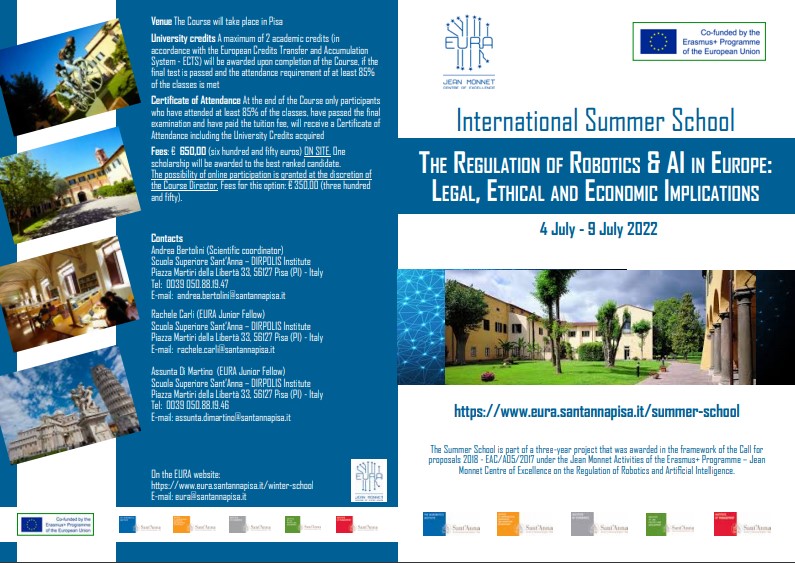 International Summer School, Sant’Anna di Pisa: The Regulation of Robotics & AI in Europe: Legal, Ethical and Economic Implications