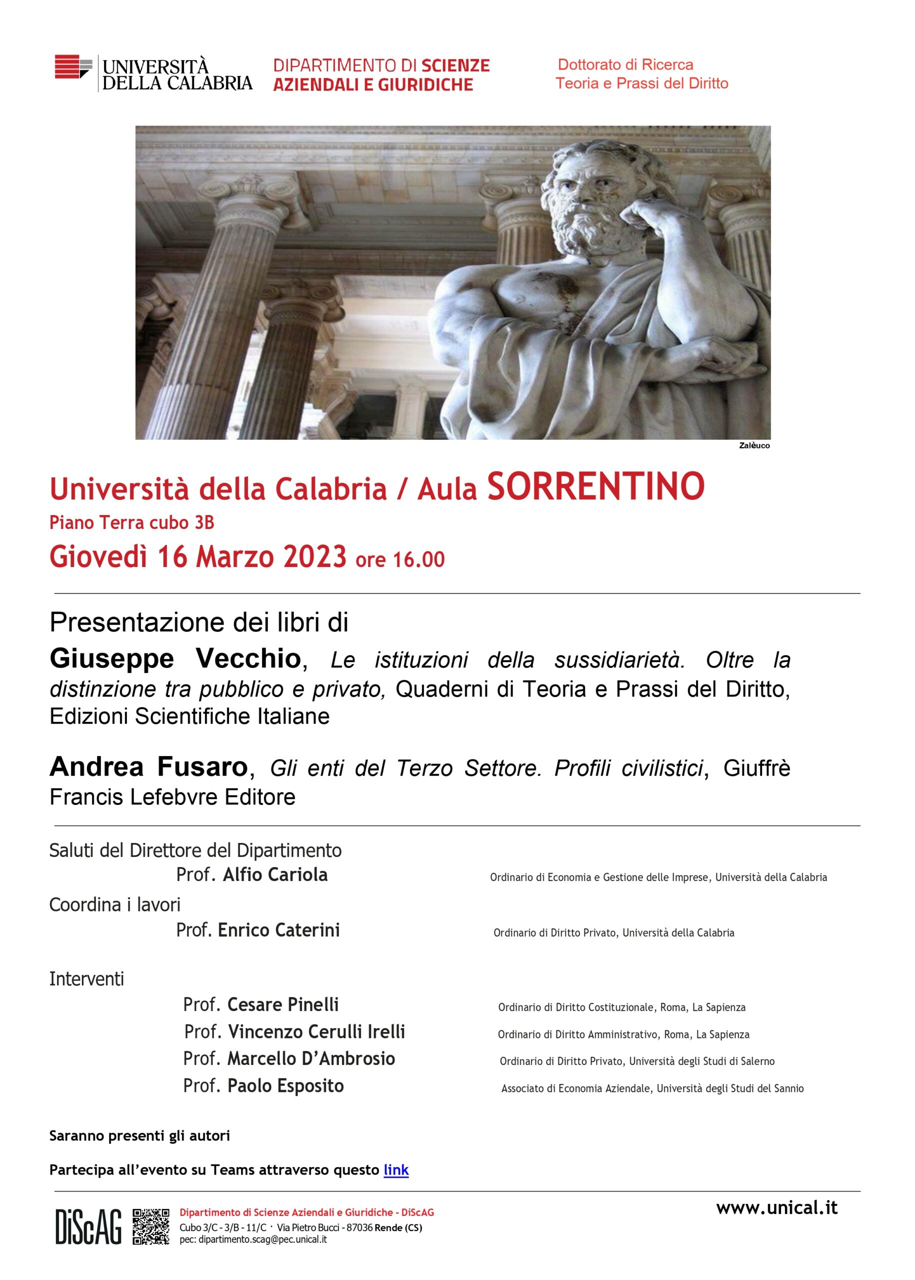 Presentazione dei libri di Giuseppe Vecchio, Le istituzioni della sussidiarietà. Oltre la distinzione tra pubblico e privato – Andrea Fusaro, Gli enti del Terzo Settore. Profili civilistici